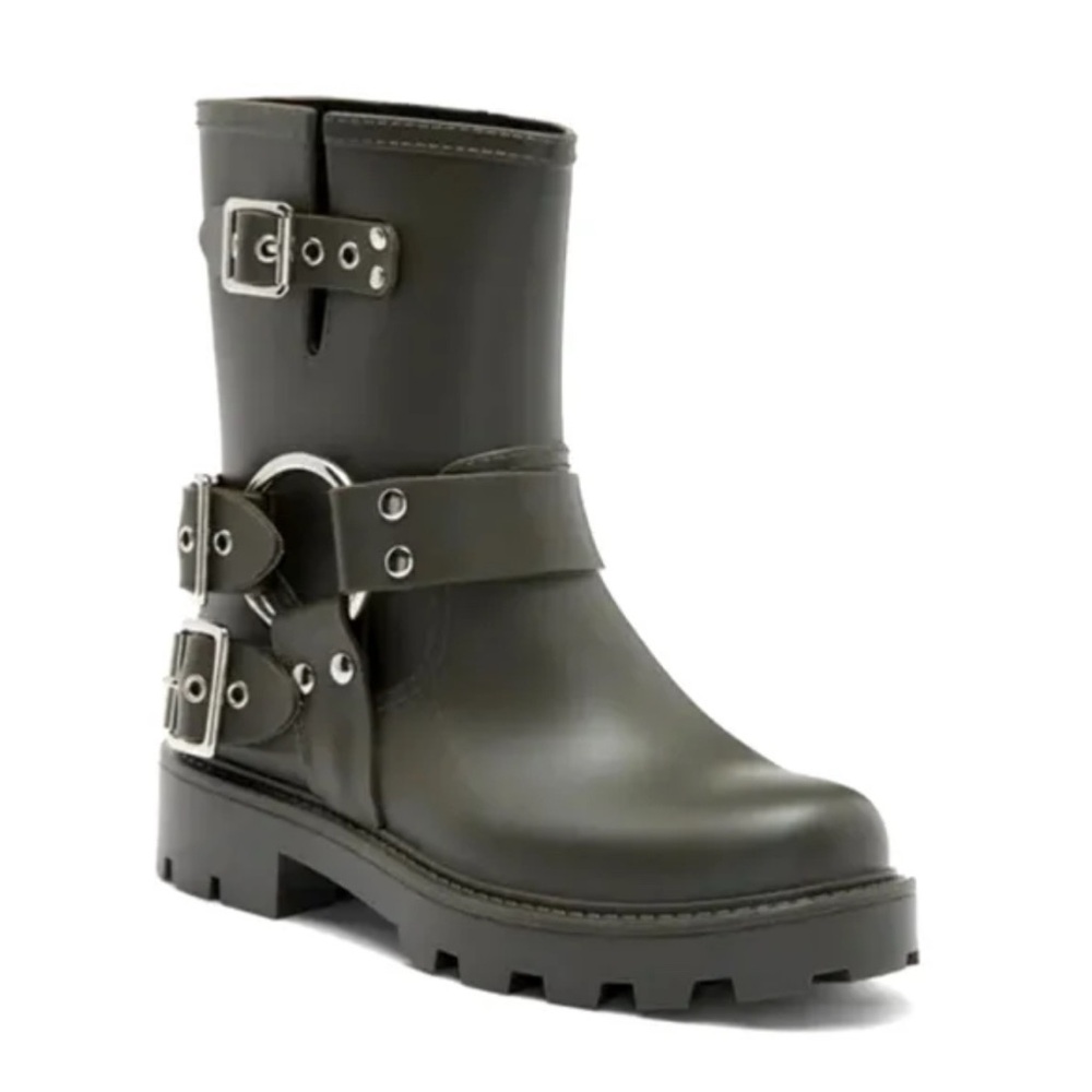 JEFFREY CAMPBELL Controller Green Matte Silver Buckle Moto Rain Boots Size 6 NEW - Picture 1 of 12